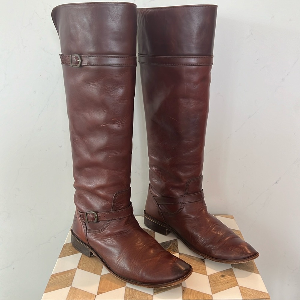 Frye Women's Dorado Riding Boots Dark Brown Polished Leather Sz 7.5